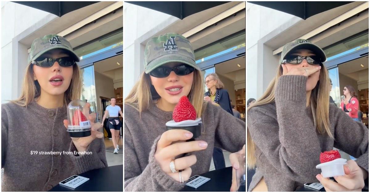 TikToker tries the viral $19 strawberry from Erewhon.