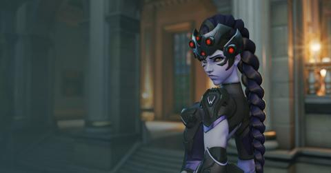 Widowmaker in front of a building in Overwatch 2.
