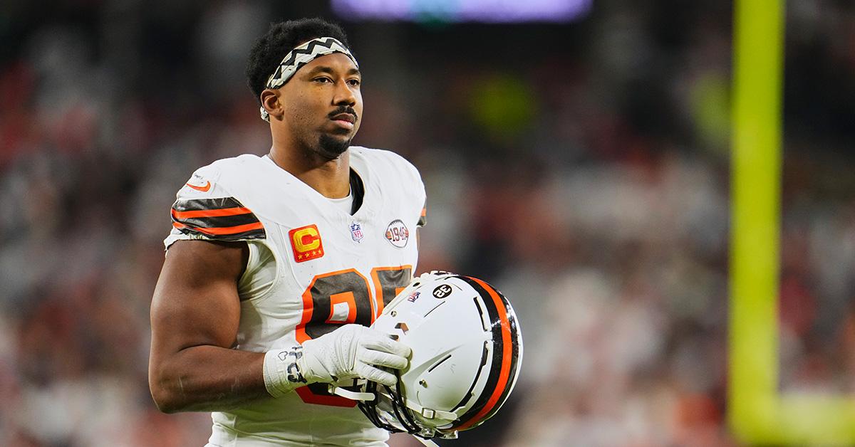 Myles Garrett #95 of the Cleveland Browns looks towards the sideline against the New York Jets at Cleveland Browns Stadium on Dec. 28, 2023