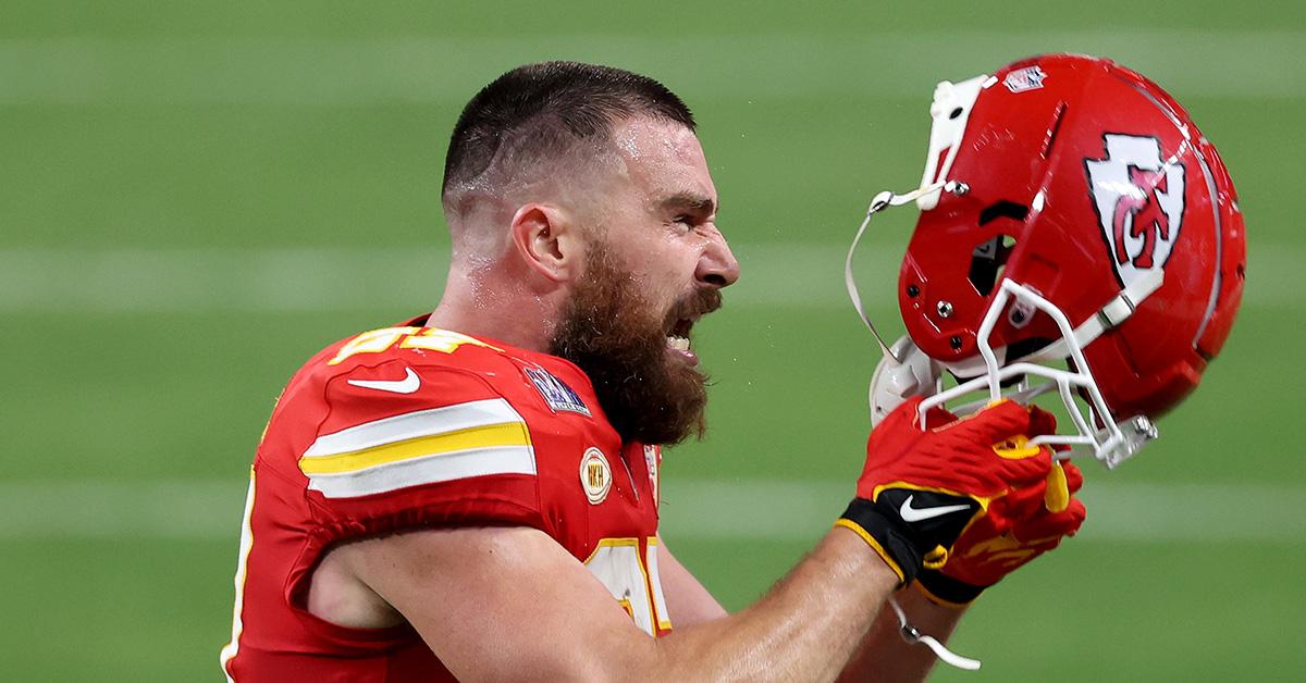 Travis Kelce yelling with his helmet off during the Super Bowl. 