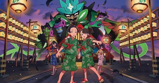 'Pokémon Scarlet & Violet' promo art showing characters and main 'Teal Mask' DLC creatures.