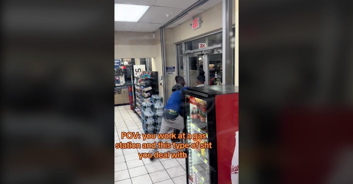 Viral video of thieves getting stuck inside the gas station by store clerk.