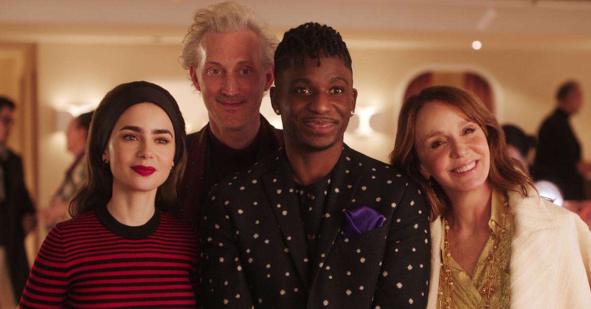 (L-R) Lily Collins as Emily, Bruno Gouery as Luc, Samuel Arnold as Julien, and Philippin in Season 4 of 'Emily in Paris.'e Leroy-Beaulieu as Sylvie 