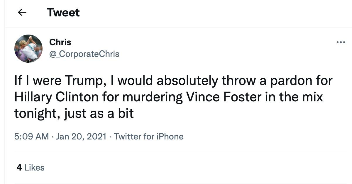 Tweet about the Vince Foster conspiracy theory