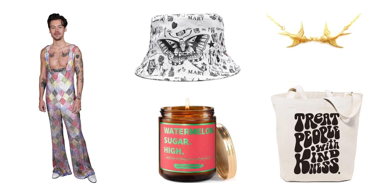 A cardboard cutout of Harry Styles, a bucket hat with Harry's tattoos, a double swallow necklace, a tote that reads 'Treat People with Kindness,' and a watermelon sugar candle