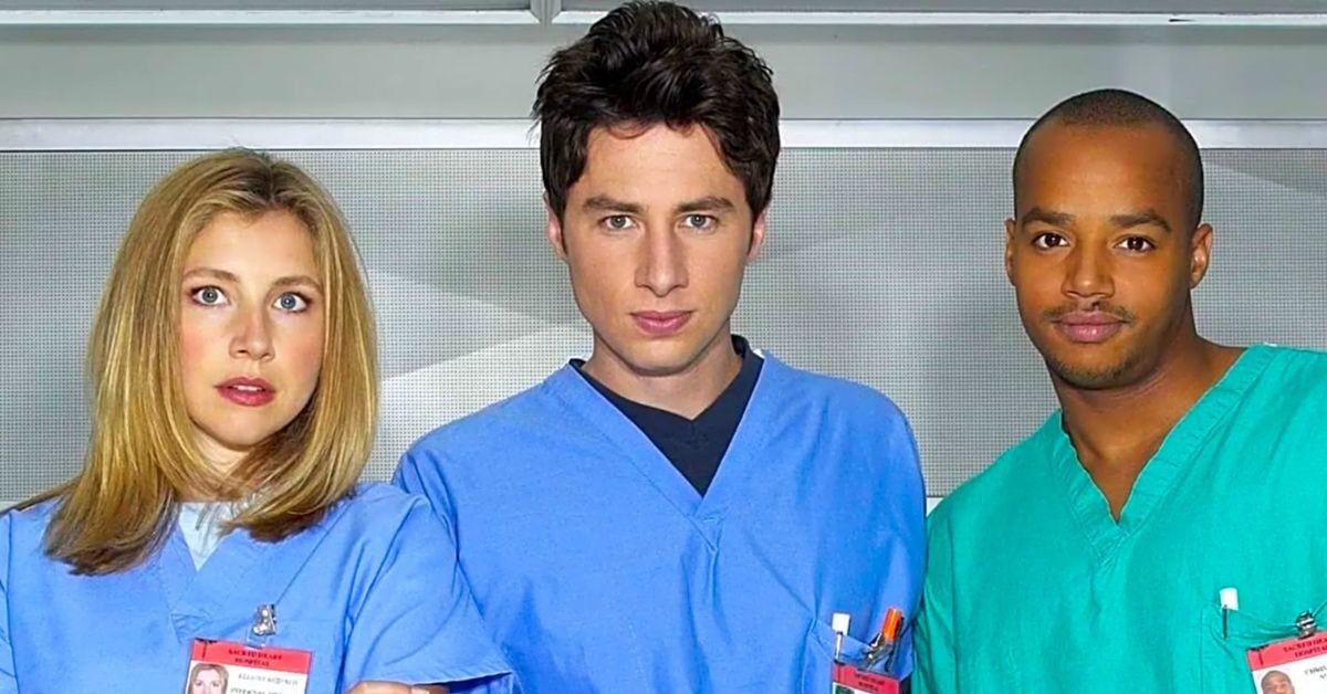 Sarah Chalke, Zach Braff, and Donald Faison in 'Scrubs.' 