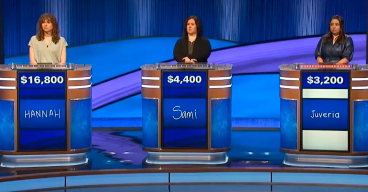 Hannah Wilson facing off against Sami Casanova and Juveria Zaheer during the May 8, 2023, episode of 'Jeopardy!'