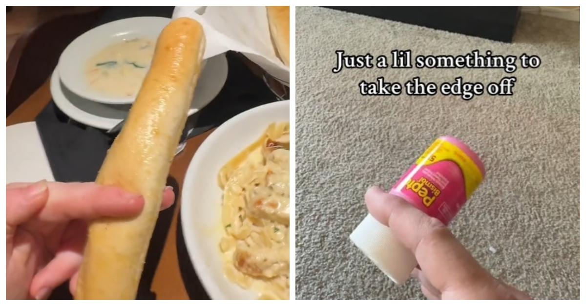 The "a little something to take the edge off" TikTok trend involving a breadstick and a bottle of Pepto Bismal
