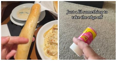 The "a little something to take the edge off" TikTok trend involving a breadstick and a bottle of Pepto Bismal