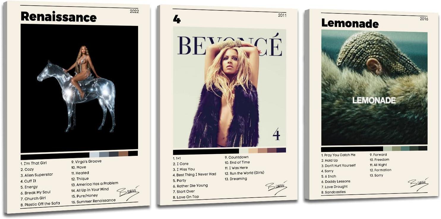 Album cover posters for "Renaissance," "4," and "Lemonade"