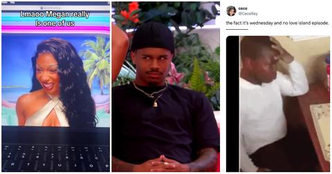 (l-r): Megan Thee Stallion, Ace Greene, and a meme about 'Love Island USA'