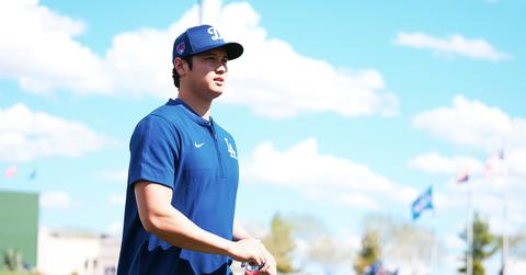 Shohei Ohtani warming up before a Texas Rangers game.