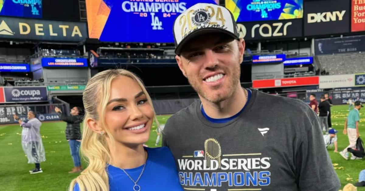 Freddie Freeman and his wife, Chelsea, after the Dodgers won the 2024 World Series.