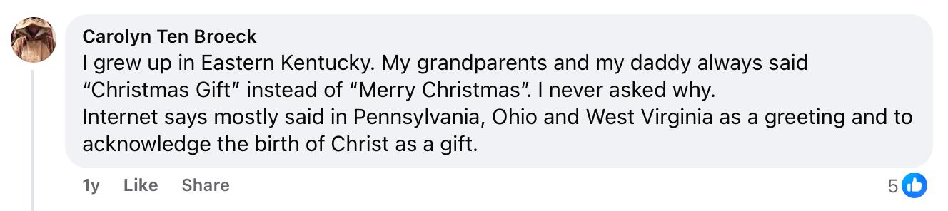 A person on Facebook explaining what "Christmas Eve gift" means.