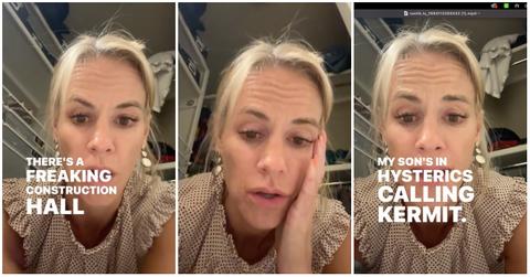 Woman looks concerned and explains how frog got lost in the wall.