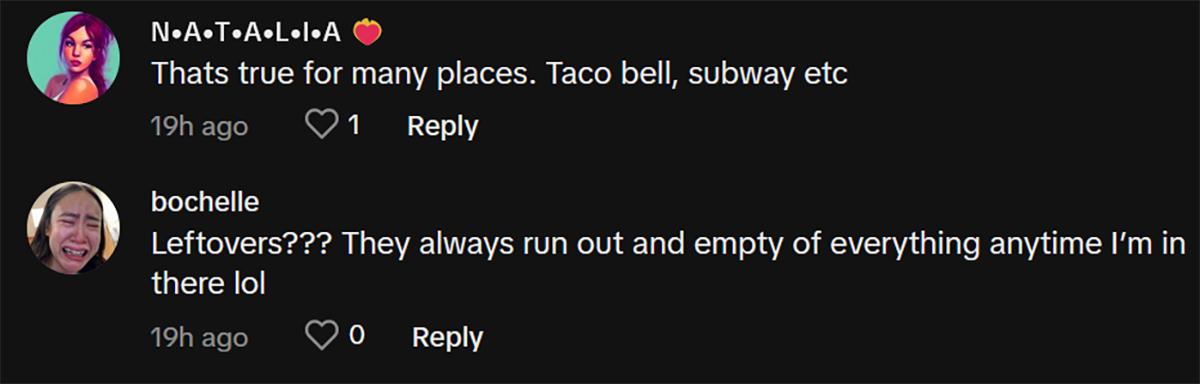 Comments on tiktok about chipotle serving leftovers