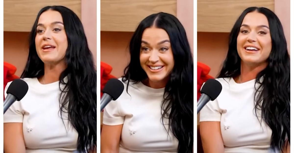 Katy Perry in white t-shirt during Alex Cooper Call Her Daddy interview