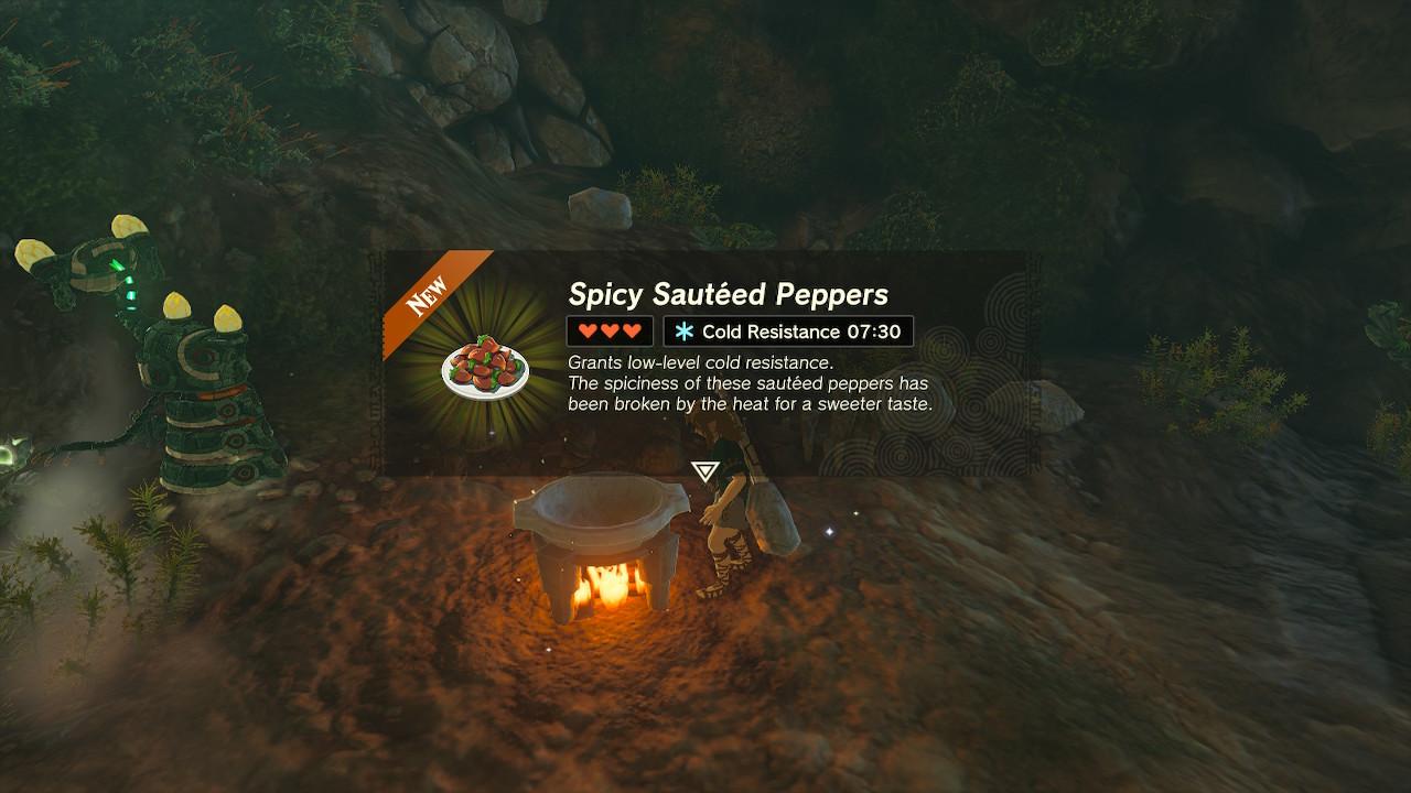Link cooking Spicy Sauteed Peppers in Tears of the Kingdom.