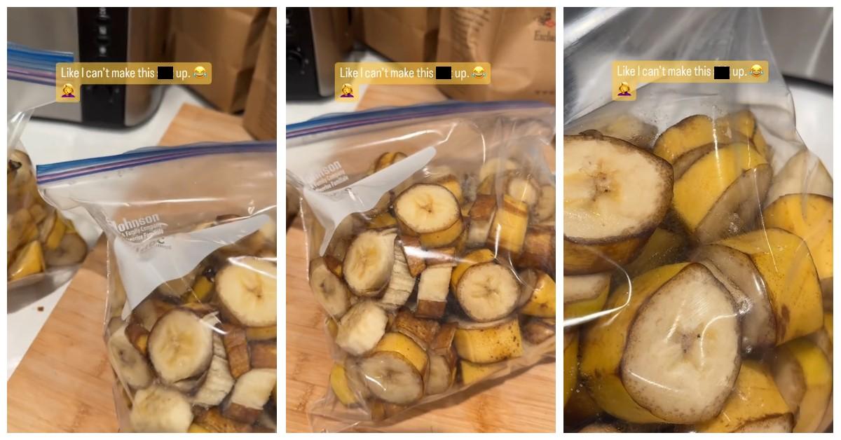 Woman asks husband to slice bananas and the peel is still on