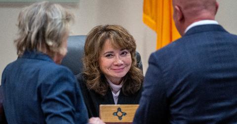 Judge Mary Marlowe Sommer (C) speaks with prosecutor Kari Morrissey (L) and defense attorney Jason Bowles during the first day of testimony in the case against armorer Hannah Gutierrez-Reed