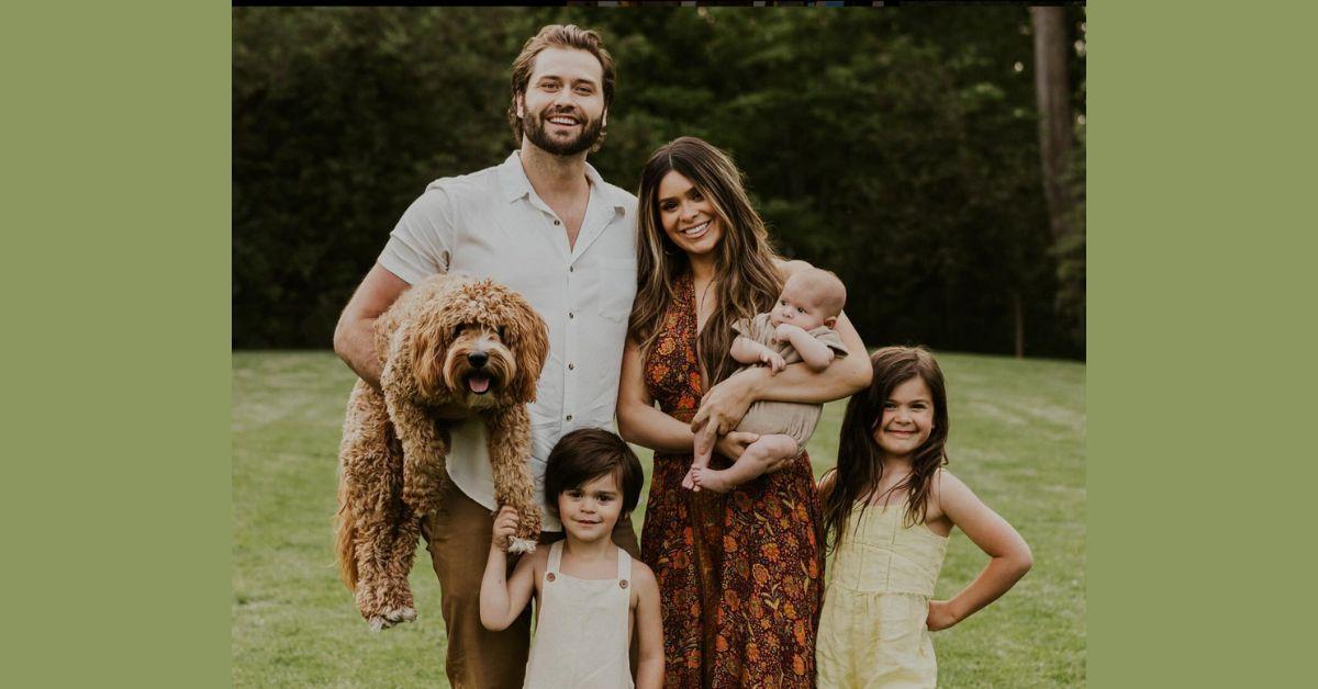 (l-r) Dakota Mortensen, Ocean, Taylor Frankie Paul holds baby Ever True, and Indy pose for a family photo