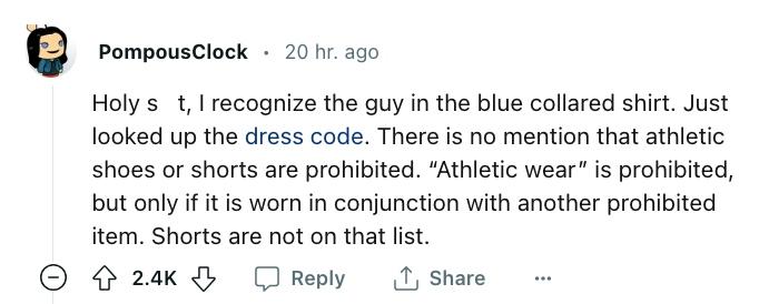 Reddit commenter talks about dress code at The Parliament