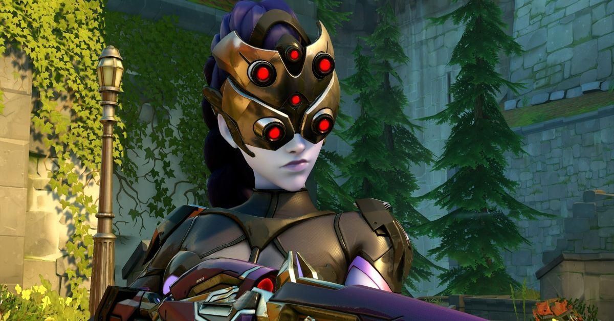 A close-up shot of Widowmaker wearing goggles in Overwatch 2.