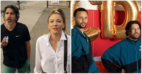 (l-r): Chris Messina, Kaley Cuoco on 'Based on a True Story'; Steph Curry and Adam Pally on 'Mr. Throwback'