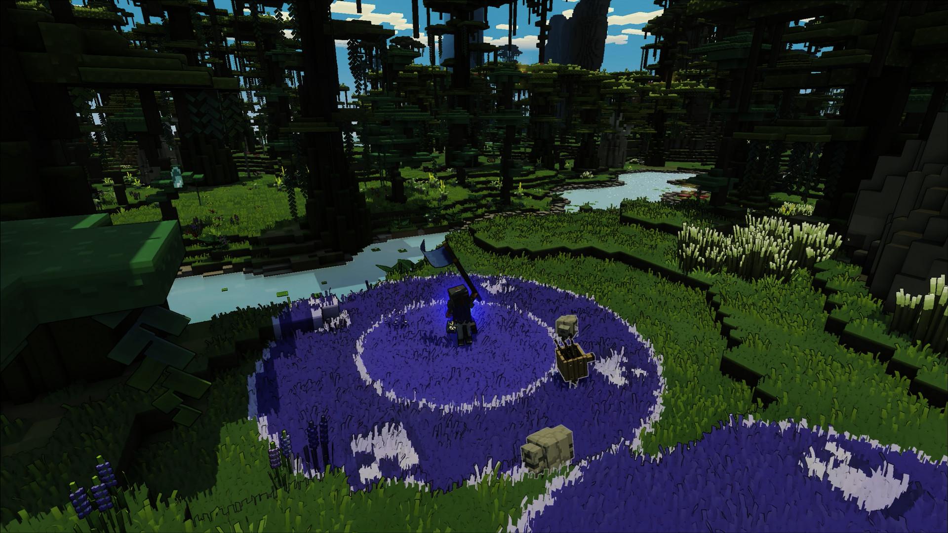 'Minecraft Legends' a player exploring a forest lush with foliage and rivers.