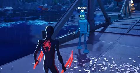 A player interacting with Bender in Mega City in Fortnite.