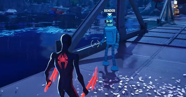 A player interacting with Bender in Mega City in Fortnite.