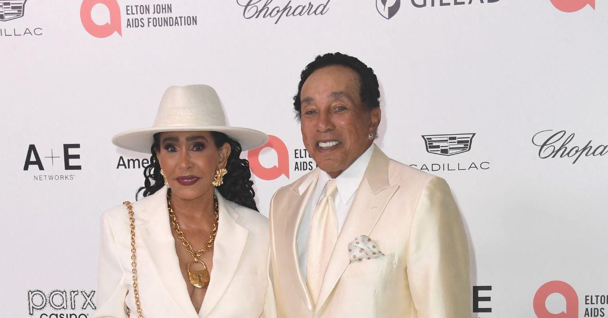 Smokey Robinson and his wife Frances at the 2024 Elton John Academy Awards party.