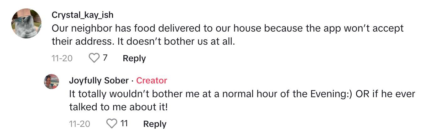 Comments on the video of a woman who says neighbor orders DoorDash to her house repeatedly at 1 a.m.