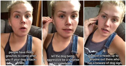 A woman explains why "Beware of Dog" signs can make pet owners liable.