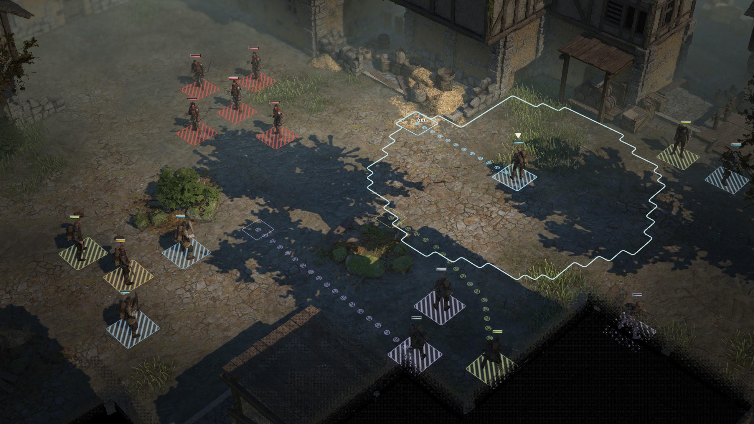 Mercenaries fighting off bandits invading a town in 'Wartales'