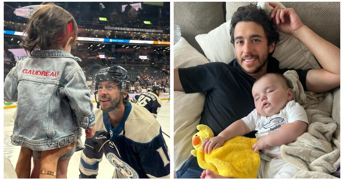 (L-R): Johnny Gaudreau looks at his daughter during a hockey game; Johnny Gaudreau on the couch with his son