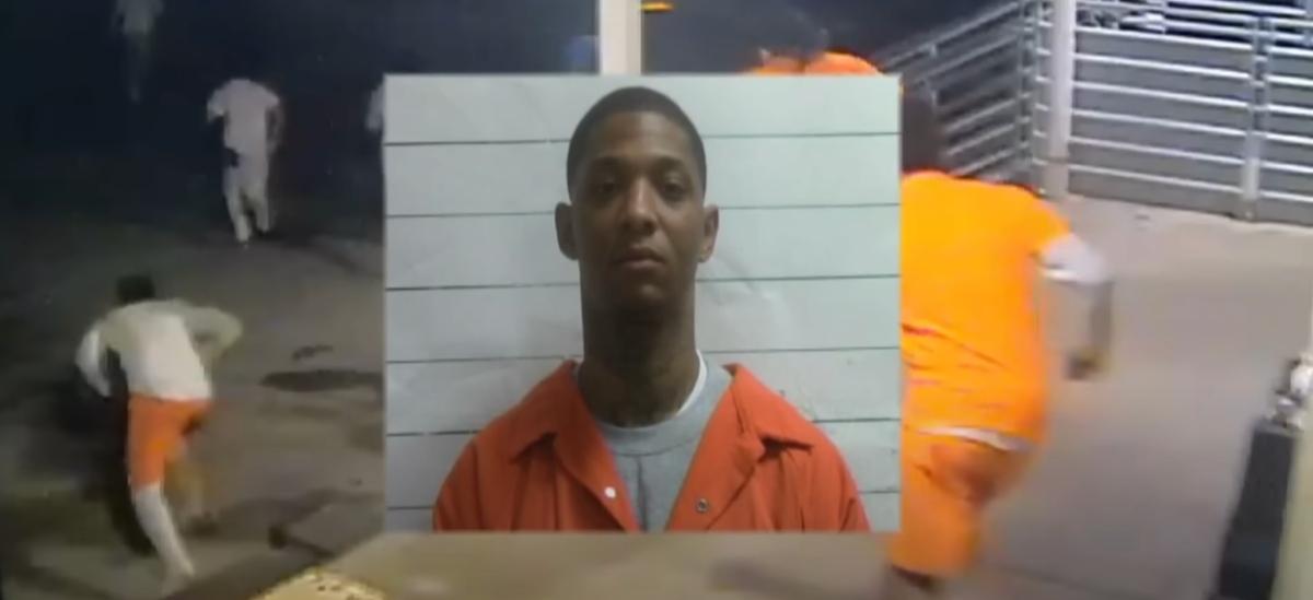Derrick Groves' mug shot over images of inmates escaping from a New Orleans jail