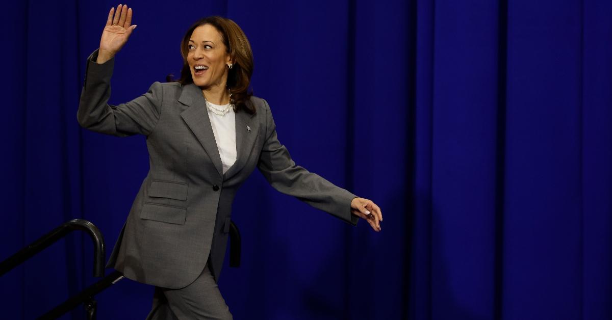 U.S. Vice President Kamala Harris waves as she arrives on stage to deliver remarks on reproductive rights at Ritchie Coliseum on the campus of the University of Maryland on June 24, 2024 in College Park, Maryland. Harris is speaking on the two year anniversary of the Dobbs decision, the Supreme Court ruling that overturned Roe v. Wade and struck down federal abortion protections. (Photo by Kevin Dietsch/Getty Images)