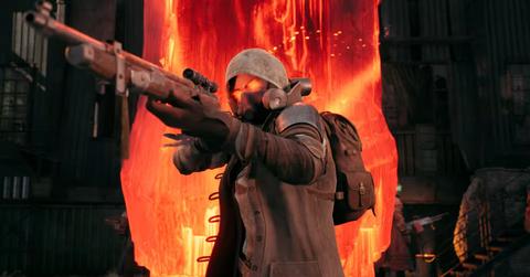 'Remnant II' Hunter archetype posing with a long-range gun and red eyes.