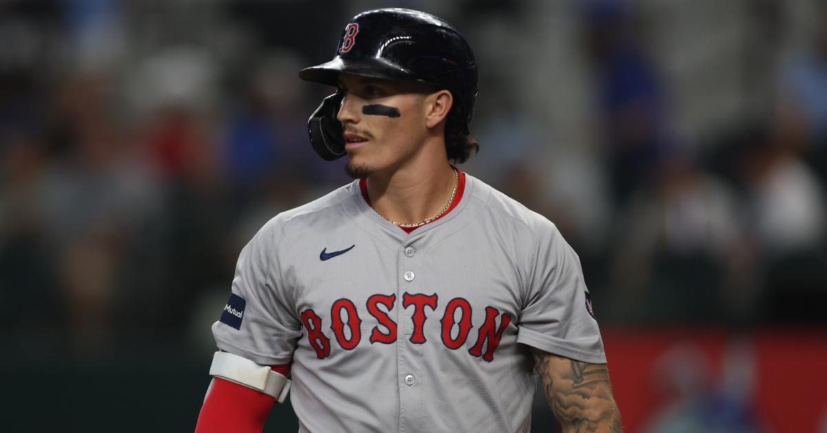 Red Sox player Jarren Duran walks off the field in the game against the Texas Rangers at Globe Life Field on Aug. 3, 2024.