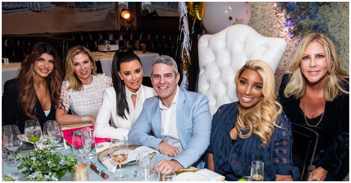 (l-r): Teresa Giudice, Ramona Singer, Kyle Richards, Andy Cohen, NeNe Leakes, and Vicki Gunvalson at Andy's baby shower.