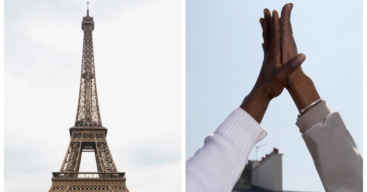 The Eiffel Tower and two people touching and raising their hands on TikTok