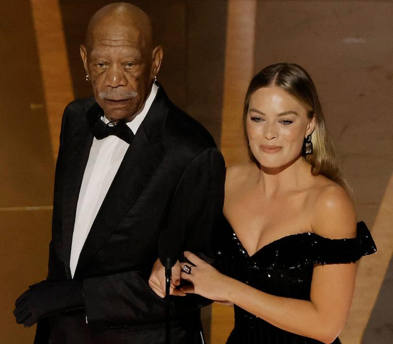 Morgan Freeman and Margot Robbie at the 2023 Oscars