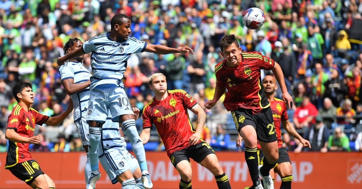 Gadi Kinda (No. 10) and defender Jackson Ragen (No. 25) during the Sporting KC-Seattle Sounders FC game in April 2023.