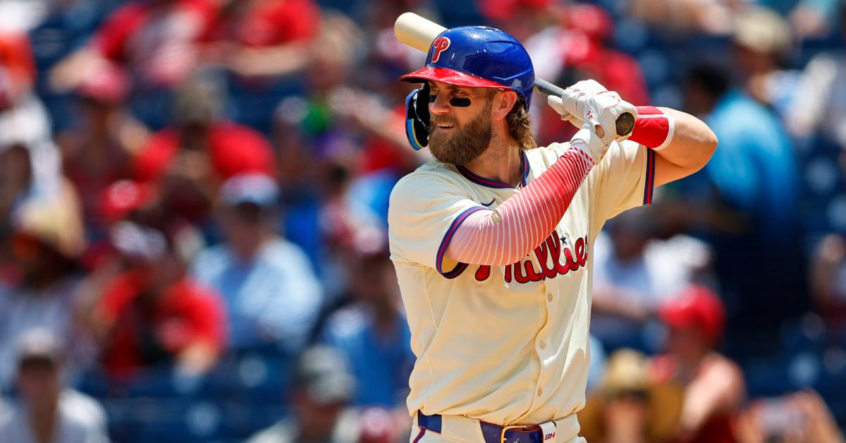 Bryce Harper steps up to the plate against the Arizona Diamondbacks during a game in June 2024.