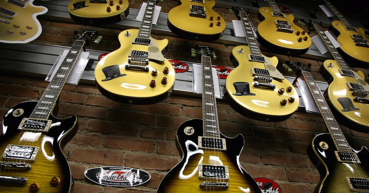 wall of guitars inside a L.A. Sam Ash store