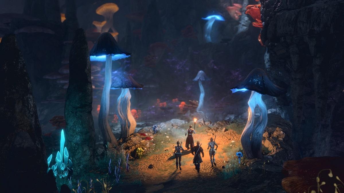 'Baldur's Gate 3' Party of characters exploring an underground area with glowing fauna.