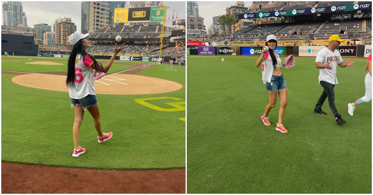 Durana Elmi on the field preparing to throw the first pitch.