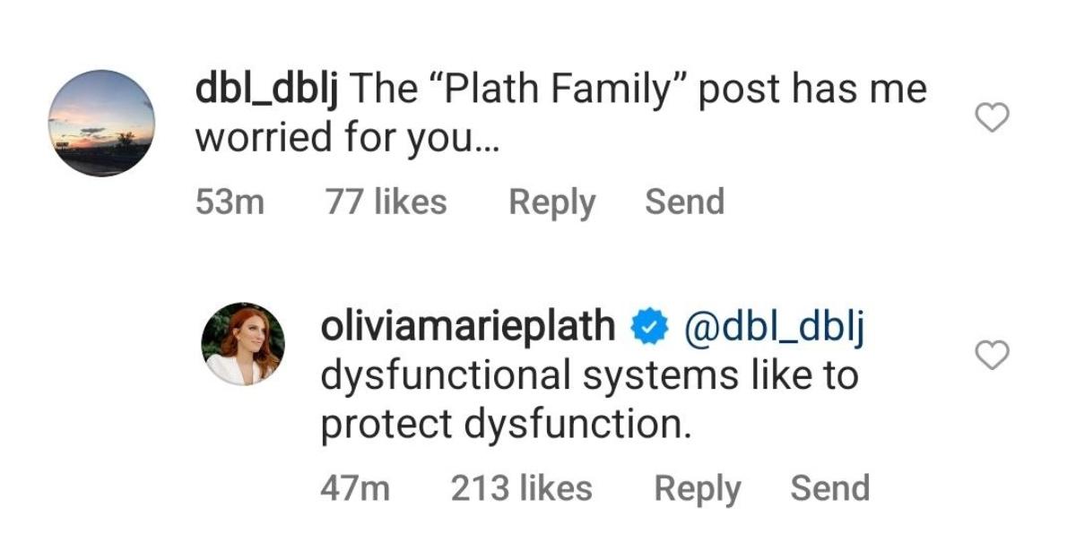 Olivia Plath responds to a fan's comment (and later deletes).