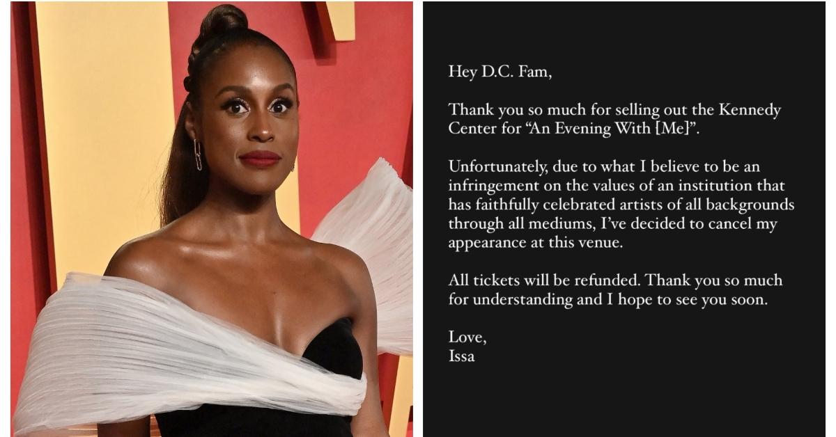 (L-R): Issa Rae at an awards show; Post by Issa Rae about canceling Kennedy Center show